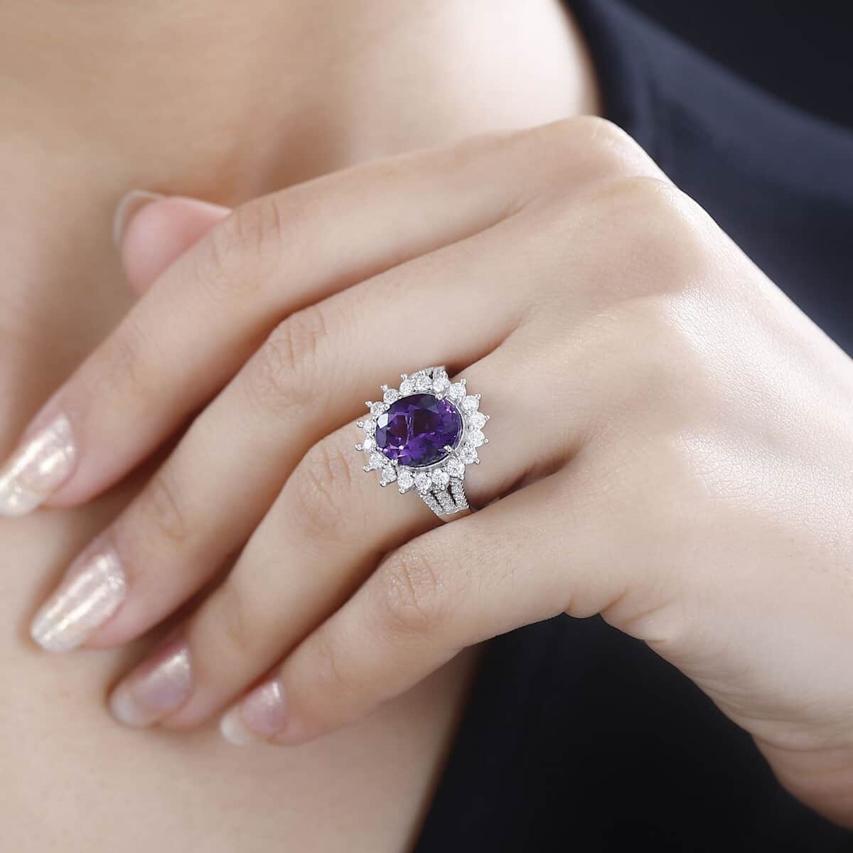 Premium Uruguayan Amethyst, Moissanite Sunburst Ring in Platinum Over Sterling Silver (Size 10.0) 4.00 ctw image number 2