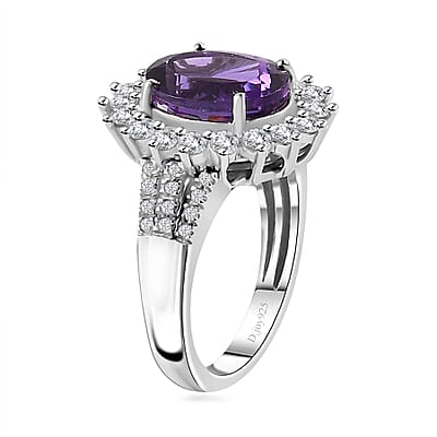 Uruguayan Amethyst and Moissanite Sunburst Ring in Platinum Over Sterling Silver (Size 10.0) 4.00 ctw