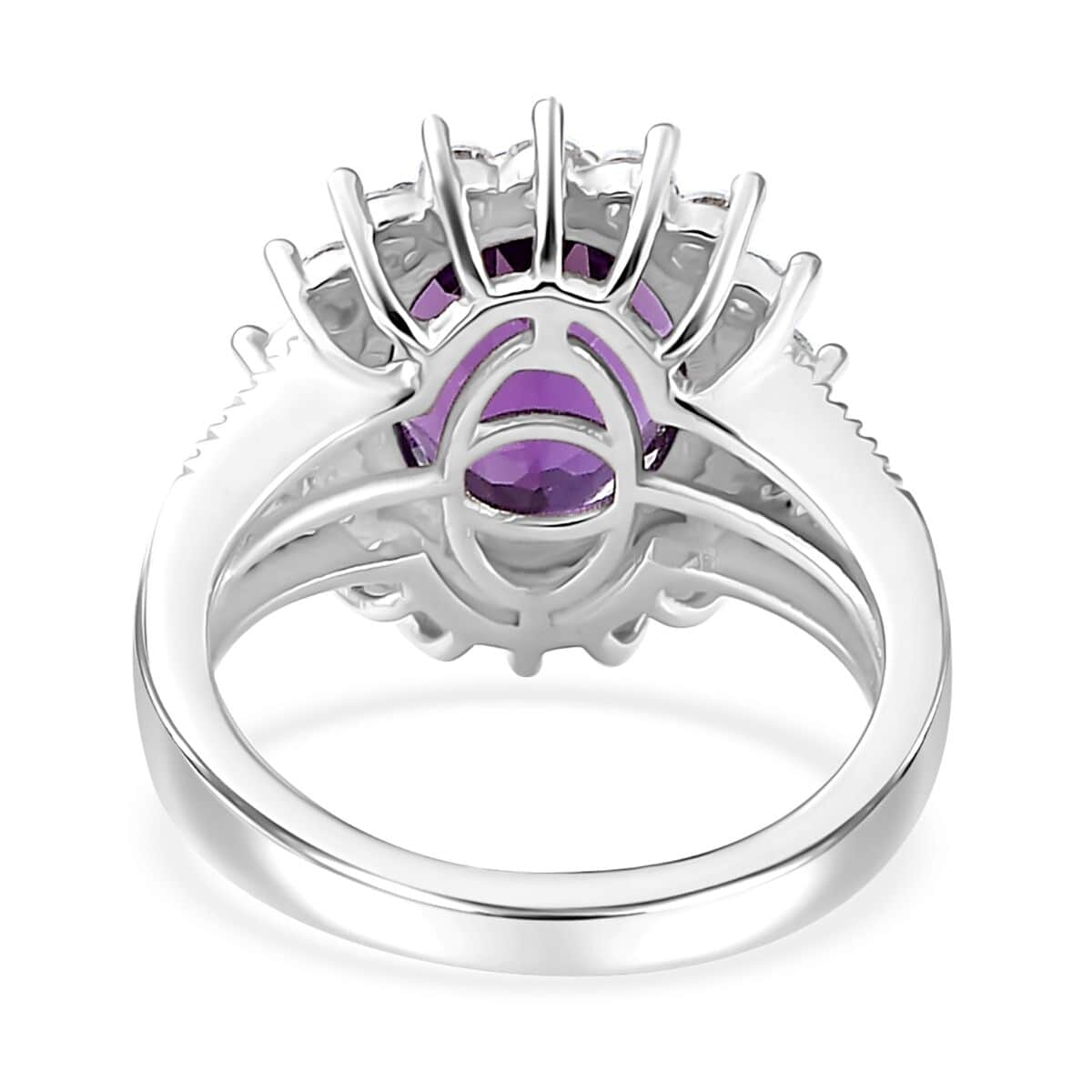 Uruguayan Amethyst and Moissanite Sunburst Ring in Platinum Over Sterling Silver (Size 10.0) 4.00 ctw image number 4
