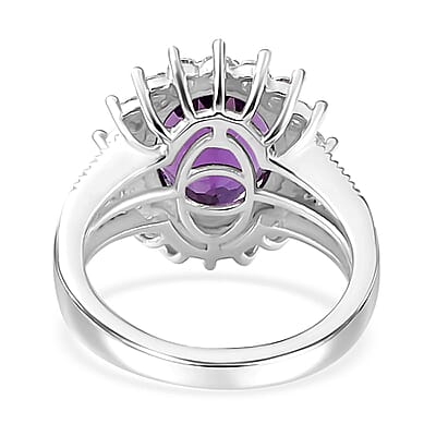 Uruguayan Amethyst and Moissanite Sunburst Ring in Platinum Over Sterling Silver (Size 10.0) 4.00 ctw