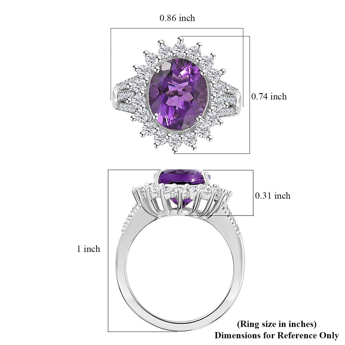 Premium Uruguayan Amethyst, Moissanite Sunburst Ring in Platinum Over Sterling Silver (Size 10.0) 4.00 ctw image number 5