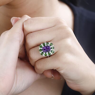 Uruguayan Amethyst and Multi Gemstone Ring in Platinum Over Sterling Silver (Size 10.0) 5.40 ctw