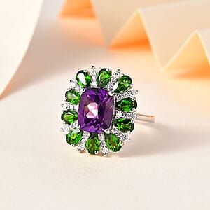 Uruguayan Amethyst and Multi Gemstone Ring in Platinum Over Sterling Silver (Size 6.0) 5.40 ctw