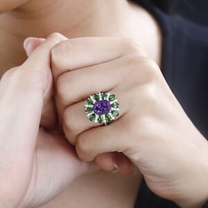 Uruguayan Amethyst and Multi Gemstone Ring in Platinum Over Sterling Silver (Size 6.0) 5.40 ctw