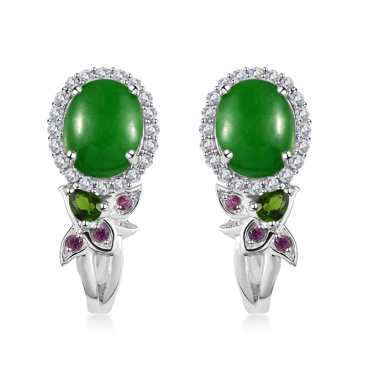 Green Jade (D) and Multi Gemstone J-Hoop Earrings in Rhodium Over Sterling Silver 9.00 ctw image number 0