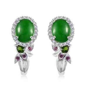 Green Jade (D) and Multi Gemstone J-Hoop Earrings in Rhodium Over Sterling Silver 9.00 ctw