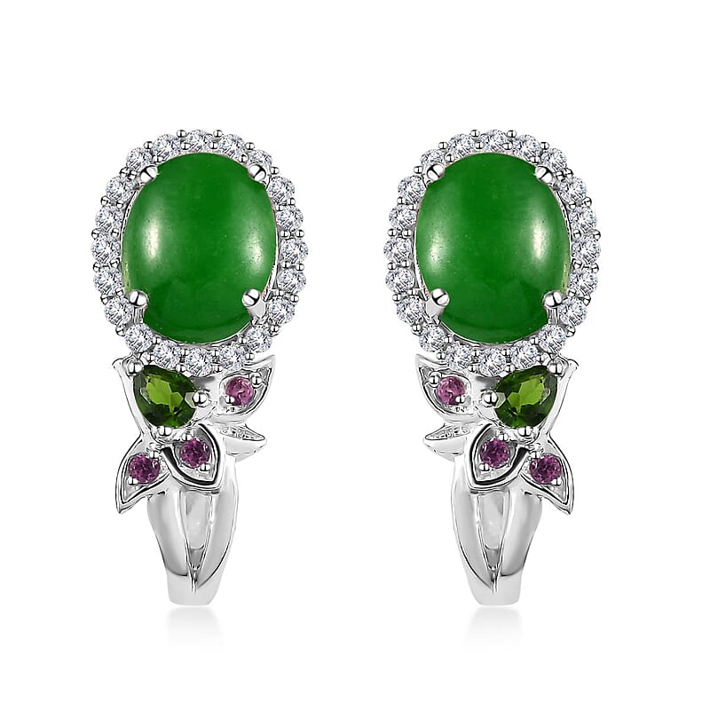 Green Jade (D) and Multi Gemstone J-Hoop Earrings in Rhodium Over Sterling Silver 9.00 ctw