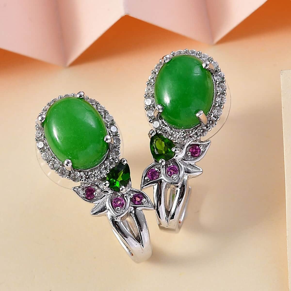 Green Jade (D) and Multi Gemstone J-Hoop Earrings in Rhodium Over Sterling Silver 9.00 ctw image number 1