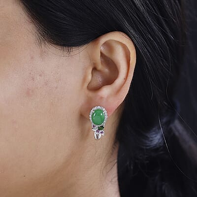 Green Jade (D) and Multi Gemstone J-Hoop Earrings in Rhodium Over Sterling Silver 9.00 ctw