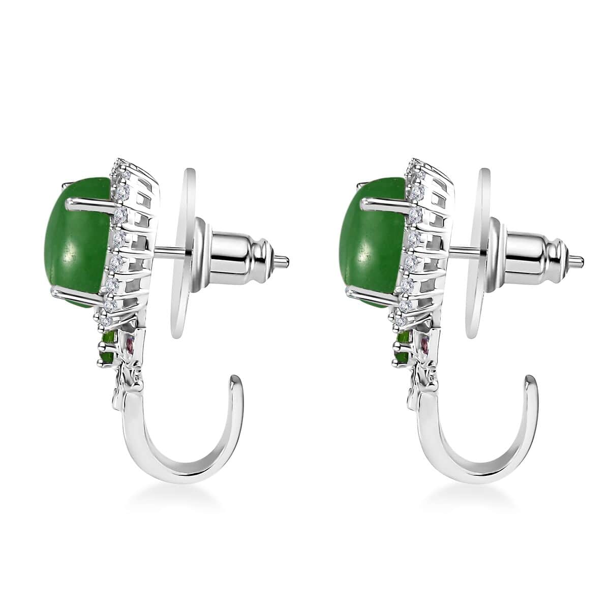 Green Jade (D) and Multi Gemstone J-Hoop Earrings in Rhodium Over Sterling Silver 9.00 ctw image number 3