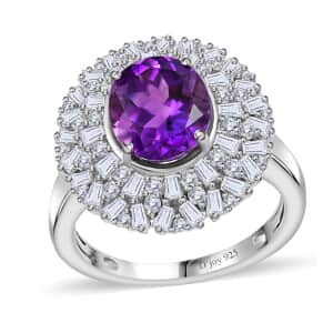 Uruguayan Amethyst and White Zircon Cocktail Ring in Platinum Over Sterling Silver (Size 10.0) 4.10 ctw