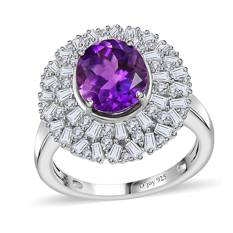 Uruguayan Amethyst and White Zircon Cocktail Ring in Platinum Over Sterling Silver (Size 10.0) 4.10 ctw