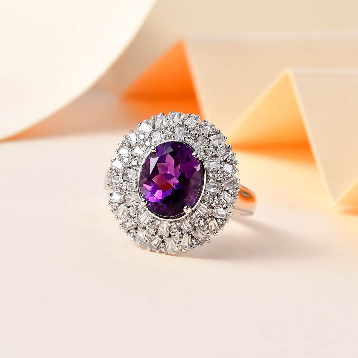 Uruguayan Amethyst and White Zircon Cocktail Ring in Platinum Over Sterling Silver (Size 10.0) 4.10 ctw image number 1