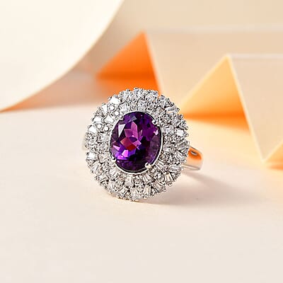 Uruguayan Amethyst and White Zircon Cocktail Ring in Platinum Over Sterling Silver (Size 10.0) 4.10 ctw