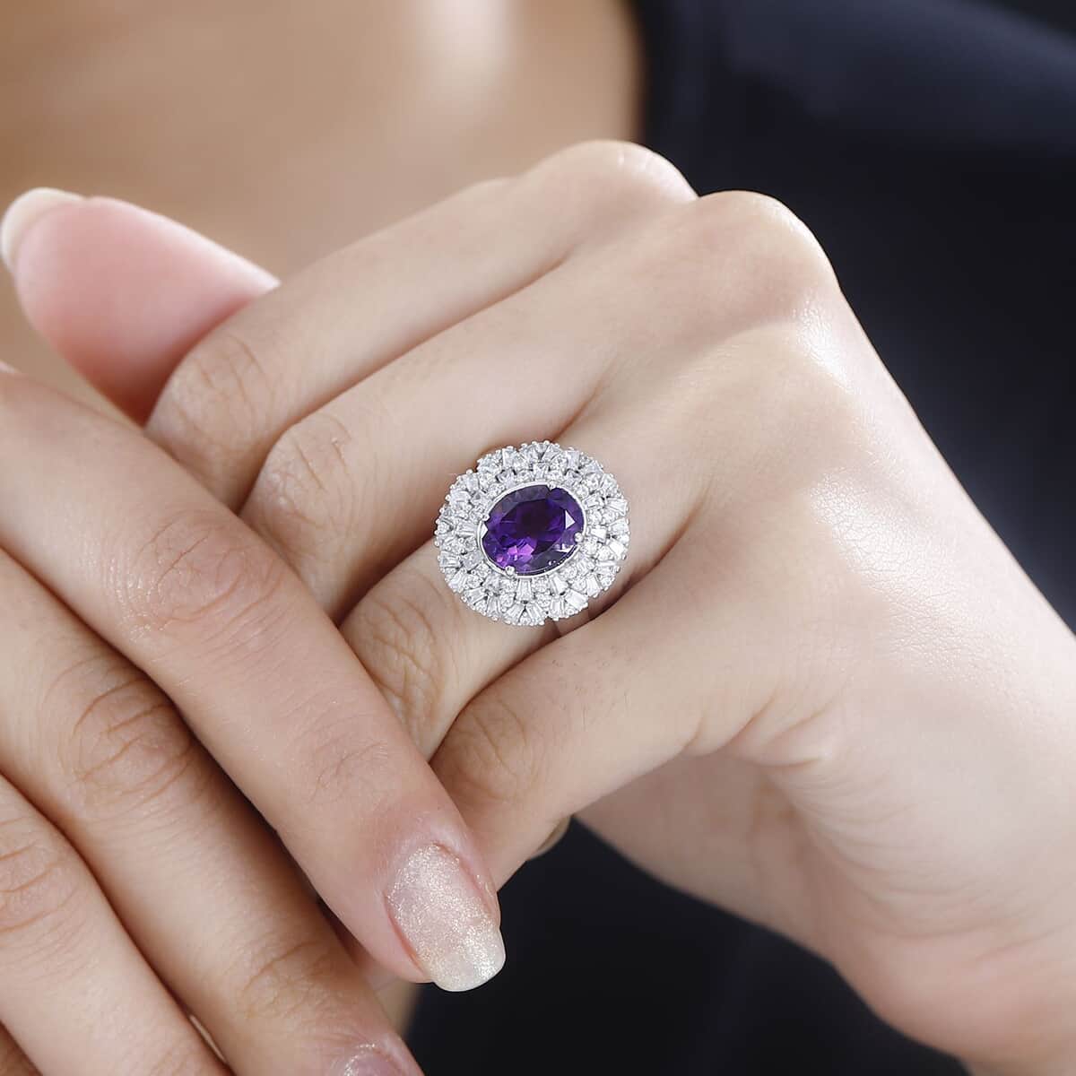 Uruguayan Amethyst and White Zircon Cocktail Ring in Platinum Over Sterling Silver (Size 10.0) 4.10 ctw image number 2