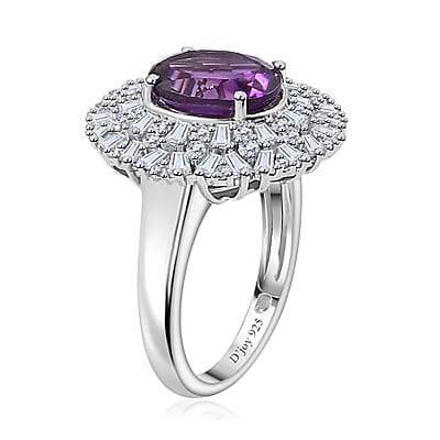 Uruguayan Amethyst and White Zircon Cocktail Ring in Platinum Over Sterling Silver (Size 10.0) 4.10 ctw