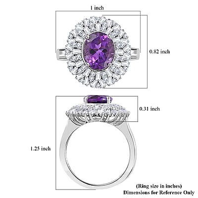 Uruguayan Amethyst and White Zircon Cocktail Ring in Platinum Over Sterling Silver (Size 10.0) 4.10 ctw