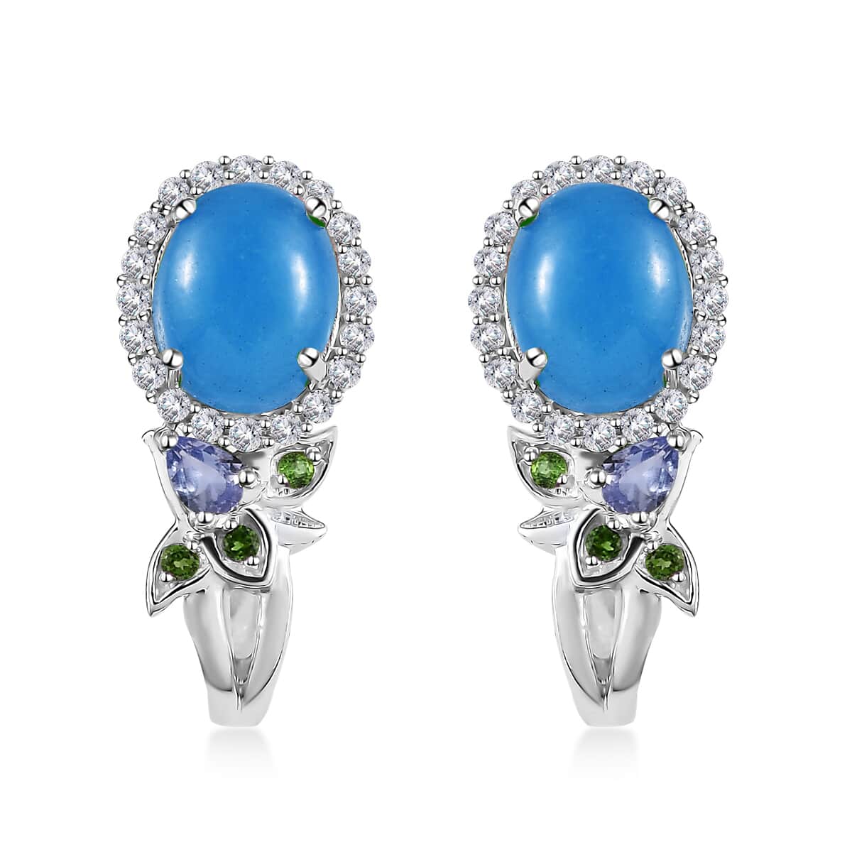 Blue Jade (D) and Multi Gemstone J-Hoop Earrings in Rhodium Over Sterling Silver 8.90 ctw image number 0