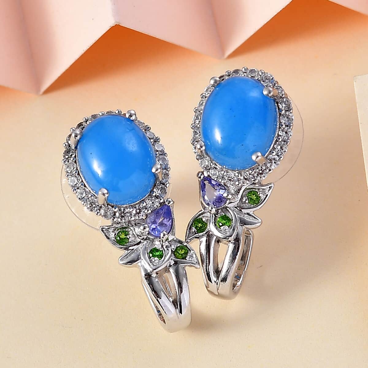 Blue Jade (D) and Multi Gemstone J-Hoop Earrings in Rhodium Over Sterling Silver 8.90 ctw image number 1