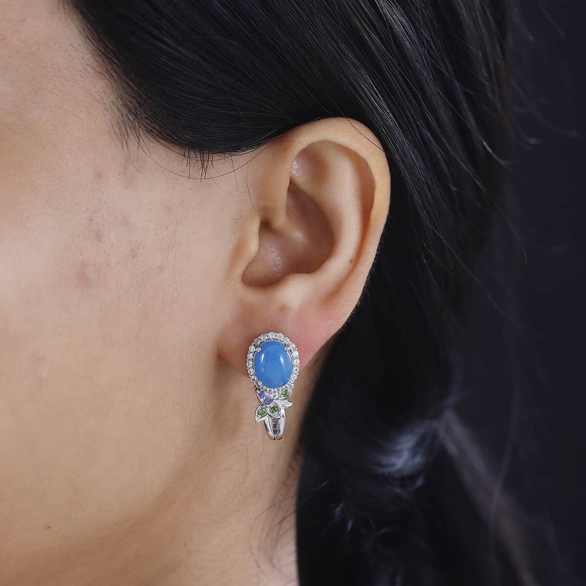 Blue Jade (D) and Multi Gemstone J-Hoop Earrings in Rhodium Over Sterling Silver 8.90 ctw image number 2