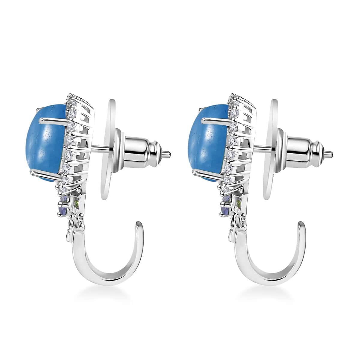 Blue Jade (D) and Multi Gemstone J-Hoop Earrings in Rhodium Over Sterling Silver 8.90 ctw image number 3