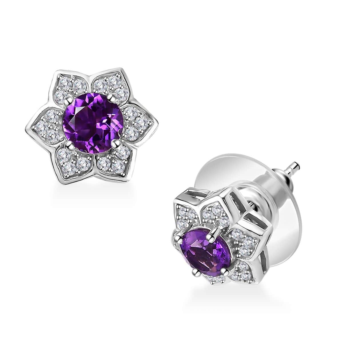 Uruguayan Amethyst and White Zircon Floral Stud Earrings in Platinum Over Sterling Silver 1.20 ctw image number 0