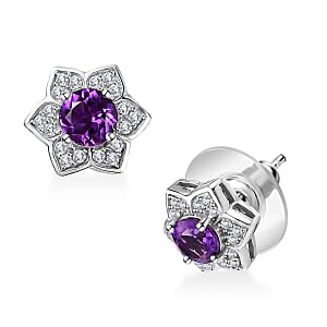 Uruguayan Amethyst and White Zircon Floral Stud Earrings in Platinum Over Sterling Silver 1.20 ctw