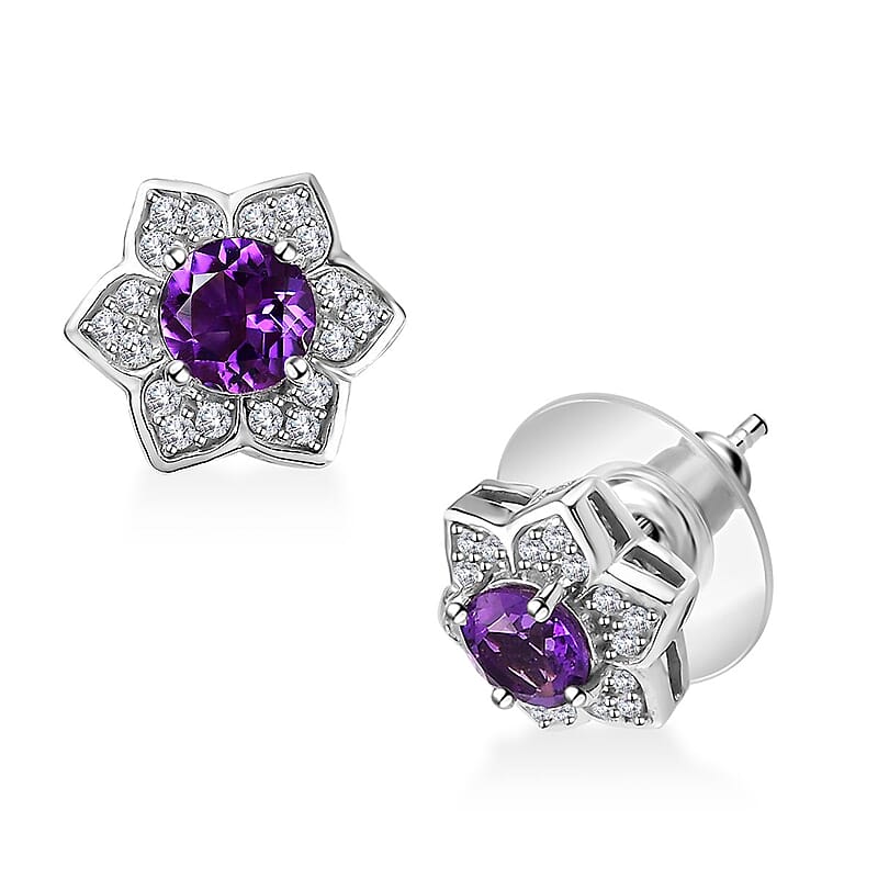 Uruguayan Amethyst and White Zircon Floral Stud Earrings in Platinum Over Sterling Silver 1.20 ctw