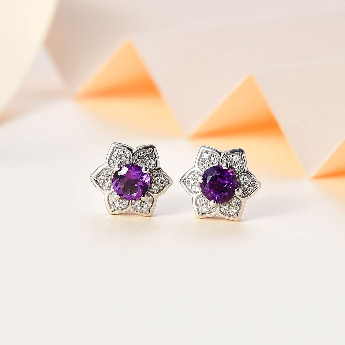 Uruguayan Amethyst and White Zircon Floral Stud Earrings in Platinum Over Sterling Silver 1.20 ctw image number 1