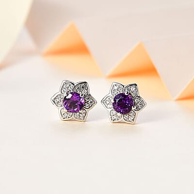 Uruguayan Amethyst and White Zircon Floral Stud Earrings in Platinum Over Sterling Silver 1.20 ctw
