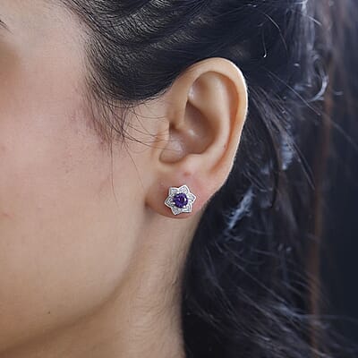 Uruguayan Amethyst and White Zircon Floral Stud Earrings in Platinum Over Sterling Silver 1.20 ctw
