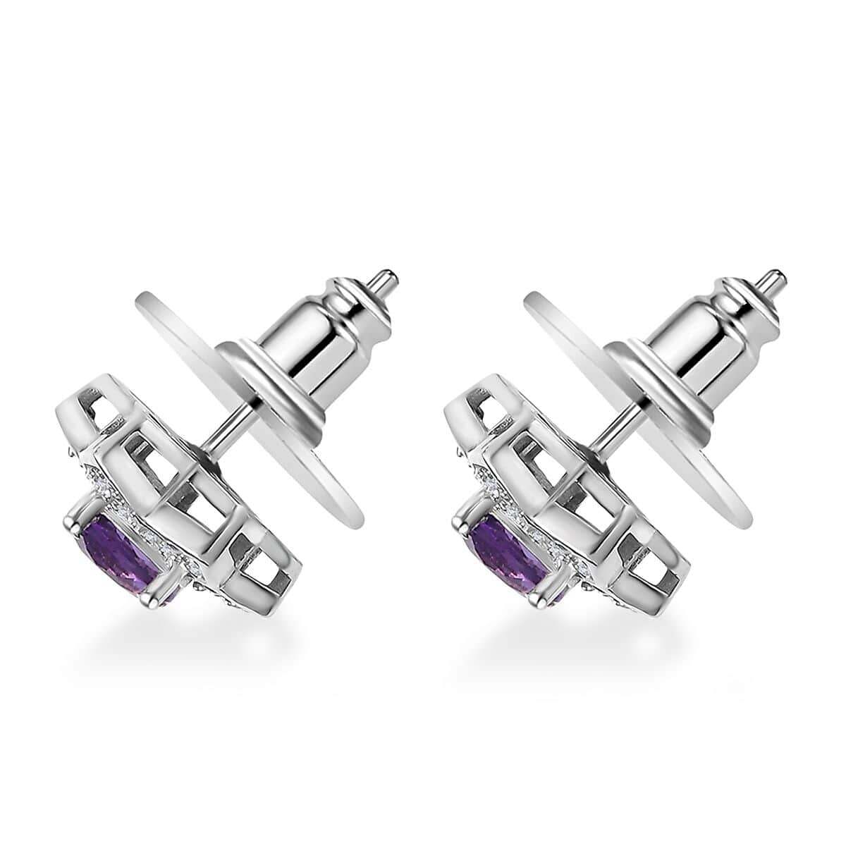 Uruguayan Amethyst and White Zircon Floral Stud Earrings in Platinum Over Sterling Silver 1.20 ctw image number 3