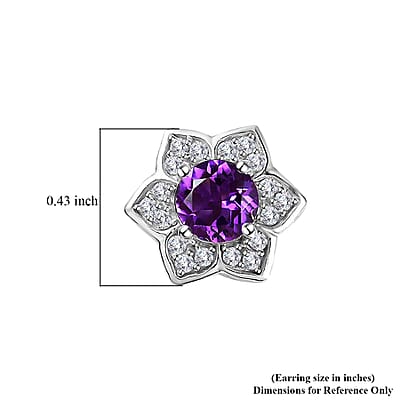 Uruguayan Amethyst and White Zircon Floral Stud Earrings in Platinum Over Sterling Silver 1.20 ctw