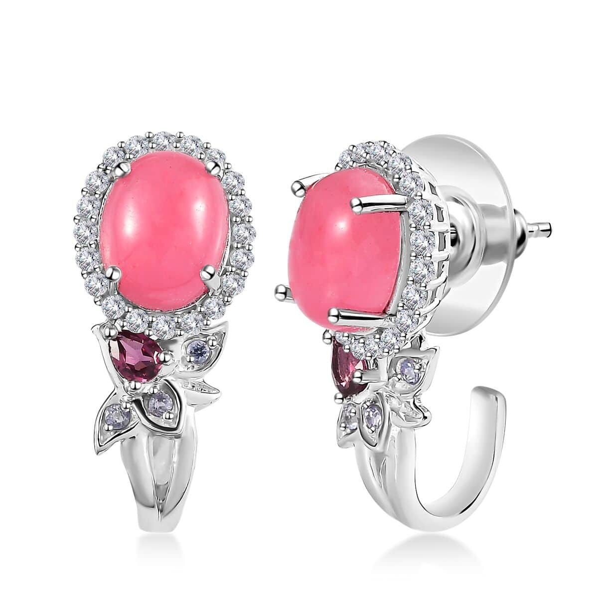 Pink Jade (D) and Multi Gemstone J-Hoop Earrings in Rhodium Over Sterling Silver 8.00 ctw image number 0