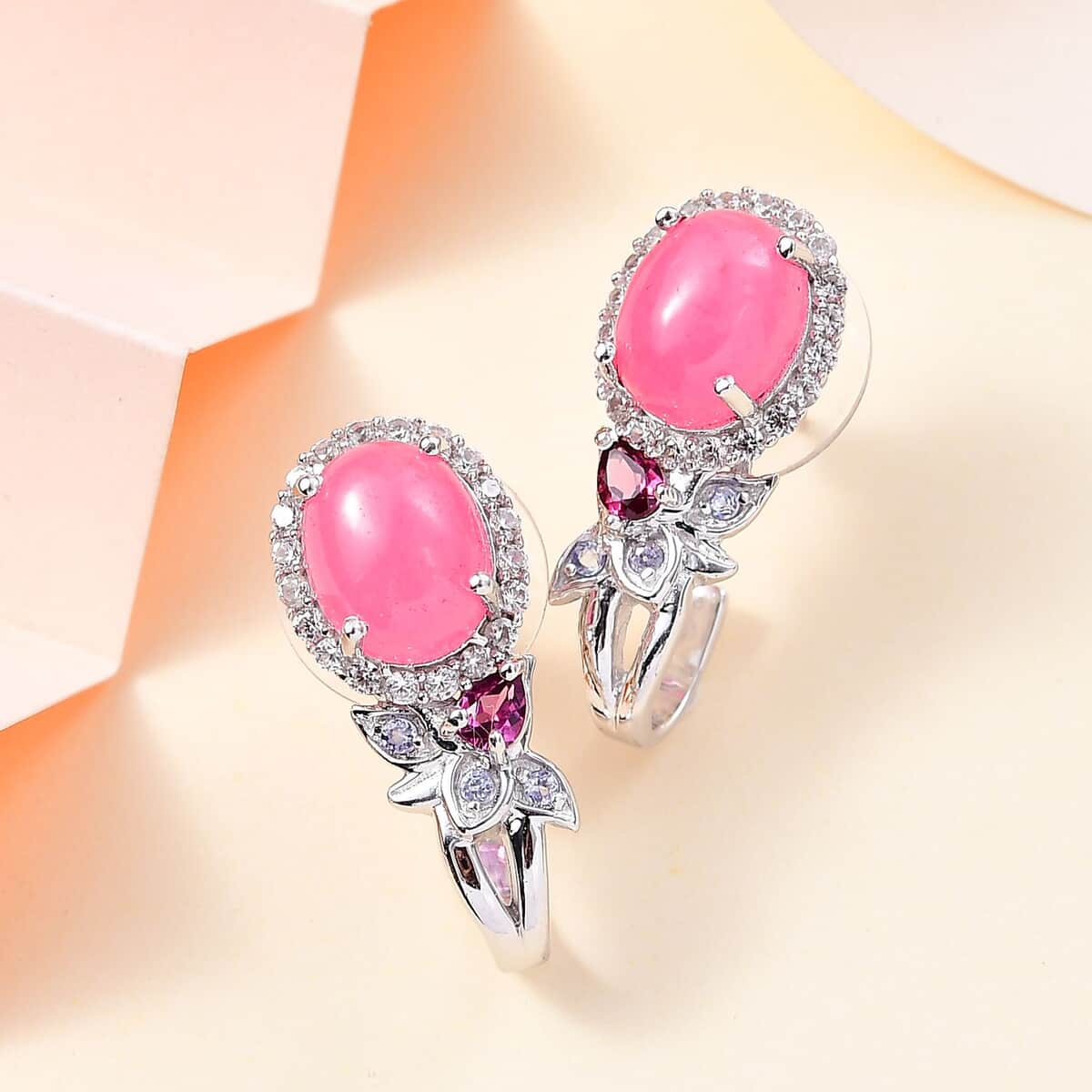 Pink Jade (D) and Multi Gemstone J-Hoop Earrings in Rhodium Over Sterling Silver 8.00 ctw image number 1