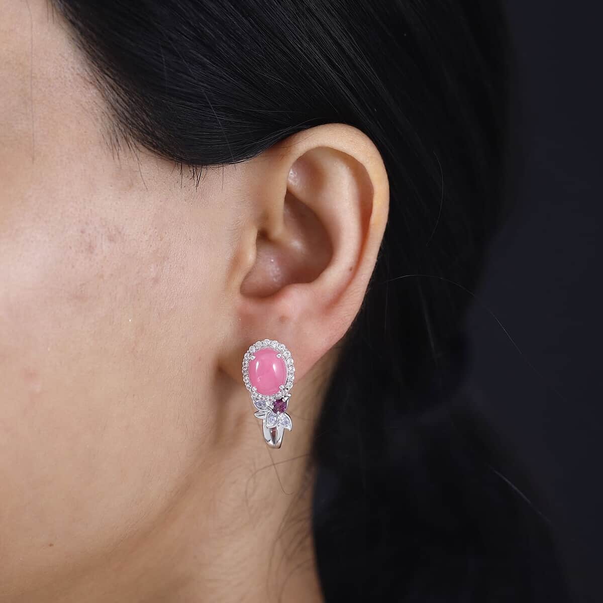 Pink Jade (D) and Multi Gemstone J-Hoop Earrings in Rhodium Over Sterling Silver 8.00 ctw image number 2