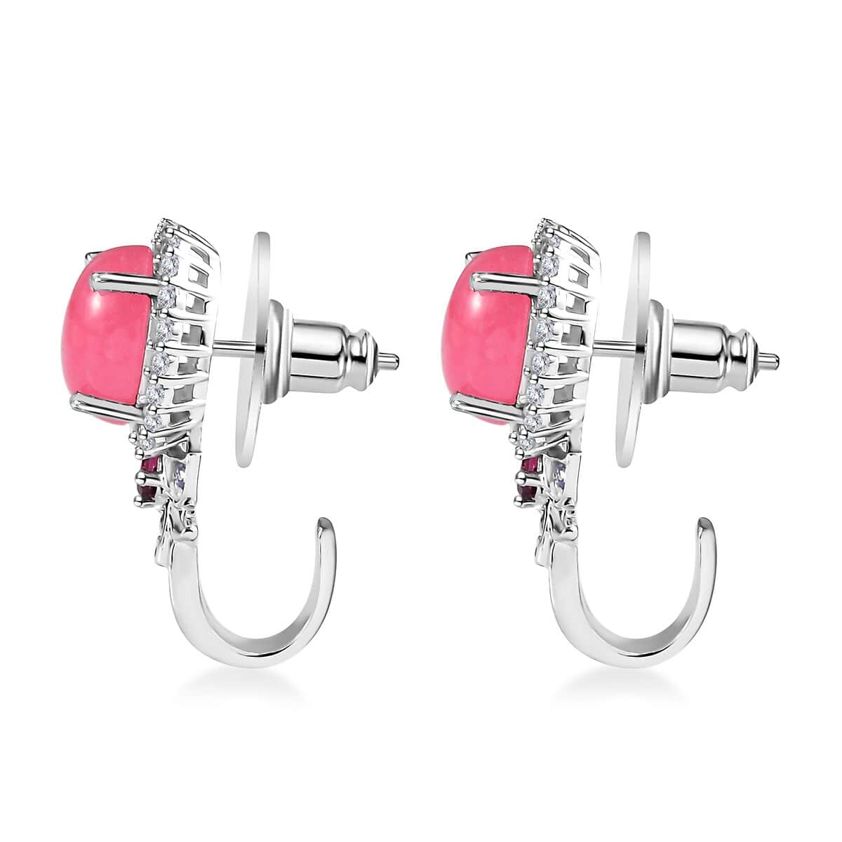 Pink Jade (D) and Multi Gemstone J-Hoop Earrings in Rhodium Over Sterling Silver 8.00 ctw image number 3