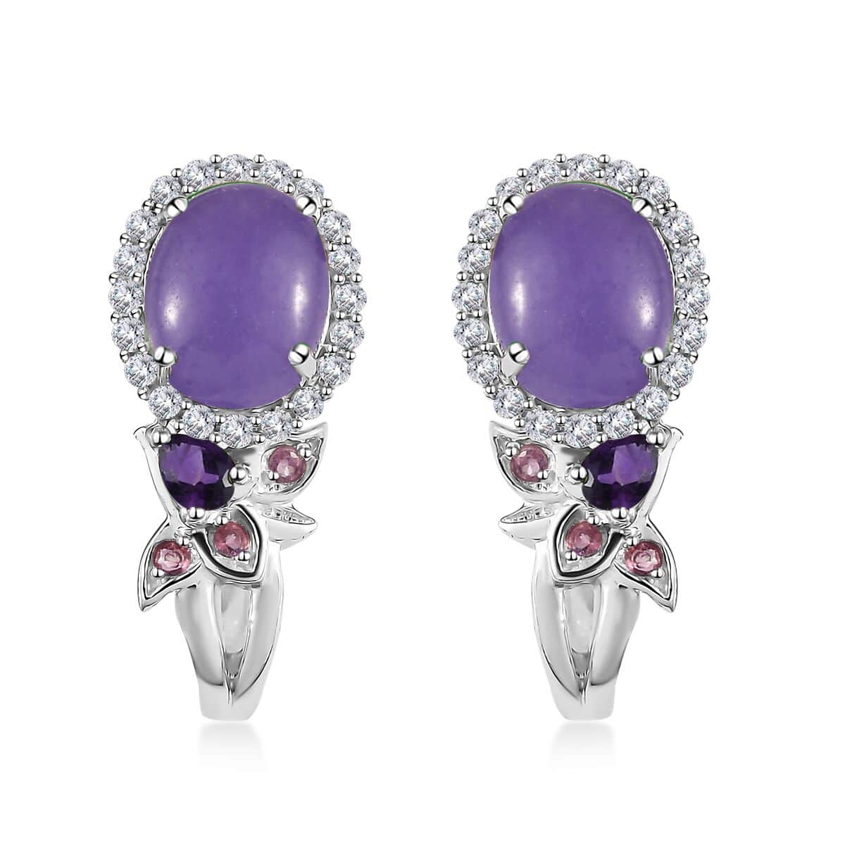 Purple Jade (D) and Multi Gemstone J-Hoop Earrings in Rhodium Over Sterling Silver 7.60 ctw image number 0