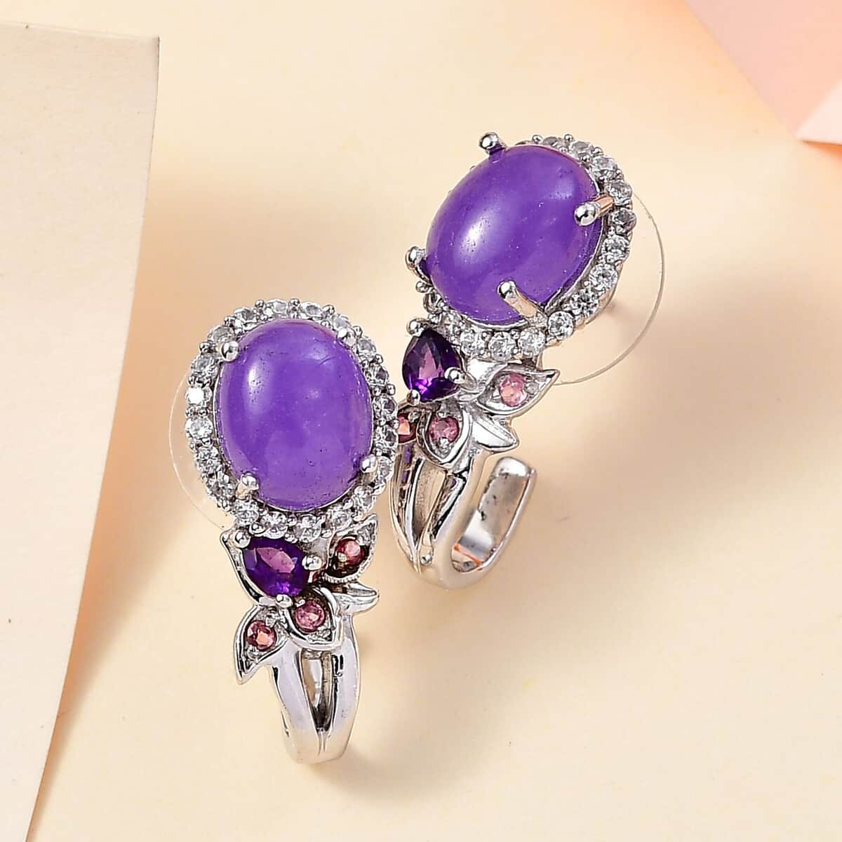 Purple Jade (D) and Multi Gemstone J-Hoop Earrings in Rhodium Over Sterling Silver 7.60 ctw image number 1