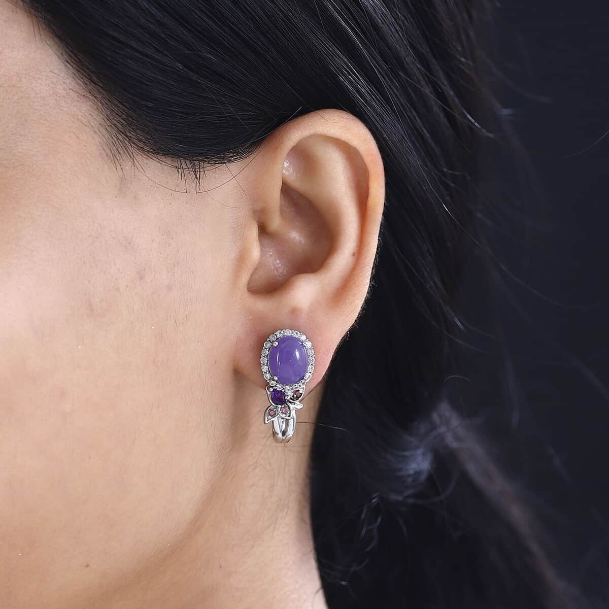 Purple Jade (D) and Multi Gemstone J-Hoop Earrings in Rhodium Over Sterling Silver 7.60 ctw image number 2