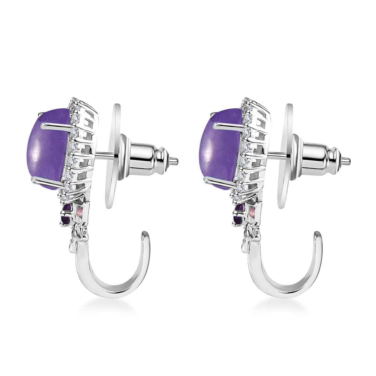 Purple Jade (D) and Multi Gemstone J-Hoop Earrings in Rhodium Over Sterling Silver 7.60 ctw image number 3