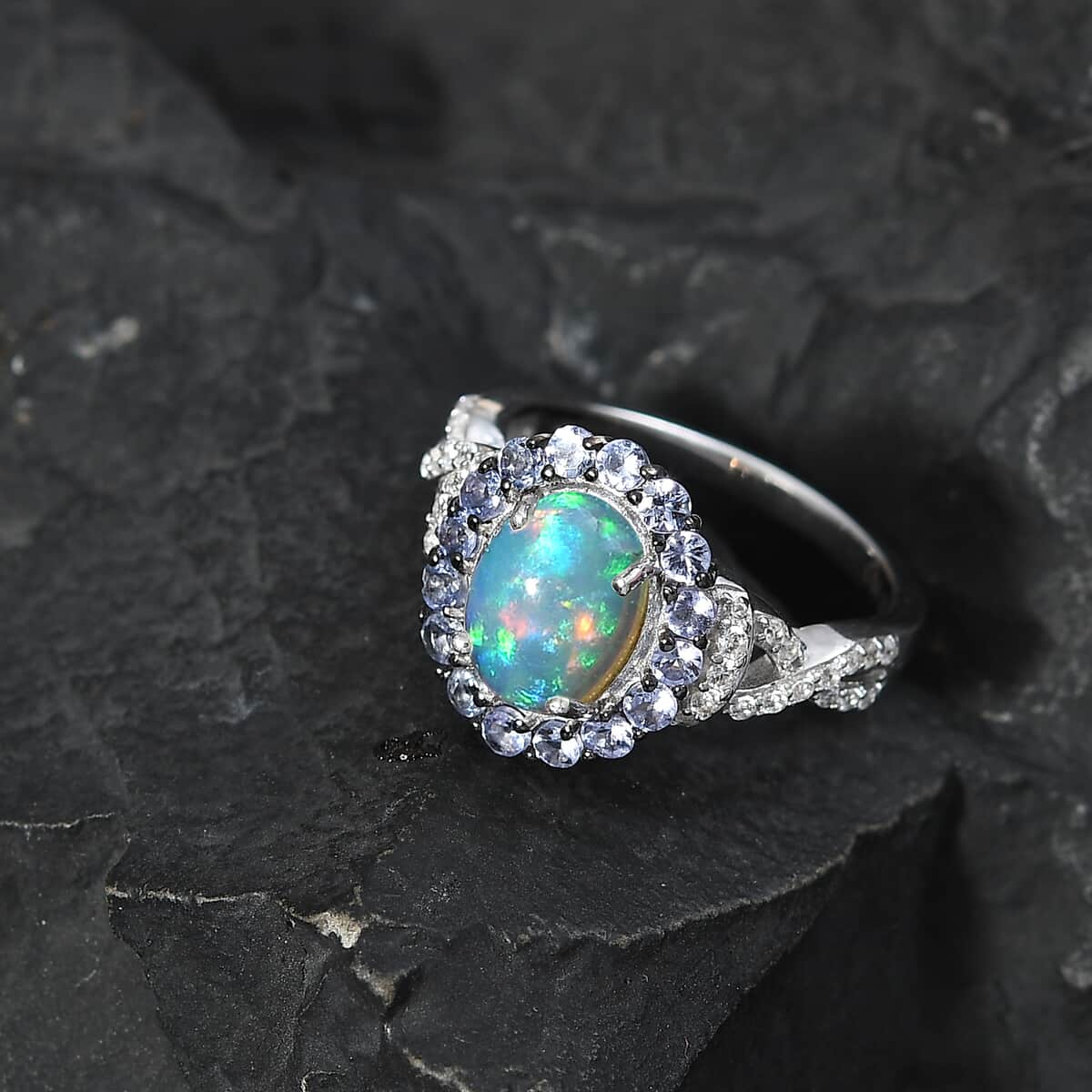 Premium Ethiopian Welo Opal, Multi Gemstone Halo Ring in Platinum Over Sterling Silver (Size 10.0) 2.15 ctw image number 1