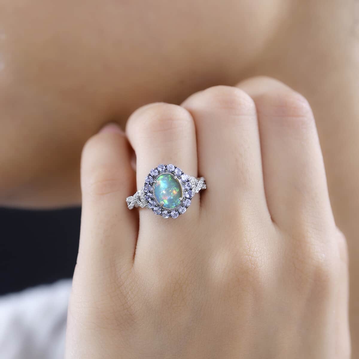 Premium Ethiopian Welo Opal, Multi Gemstone Halo Ring in Platinum Over Sterling Silver (Size 10.0) 2.15 ctw image number 2