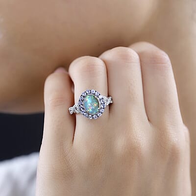 Premium Ethiopian Welo Opal and Multi Gemstone Infinity Halo Ring in Platinum Over Sterling Silver (Size 10.0) 2.15 ctw