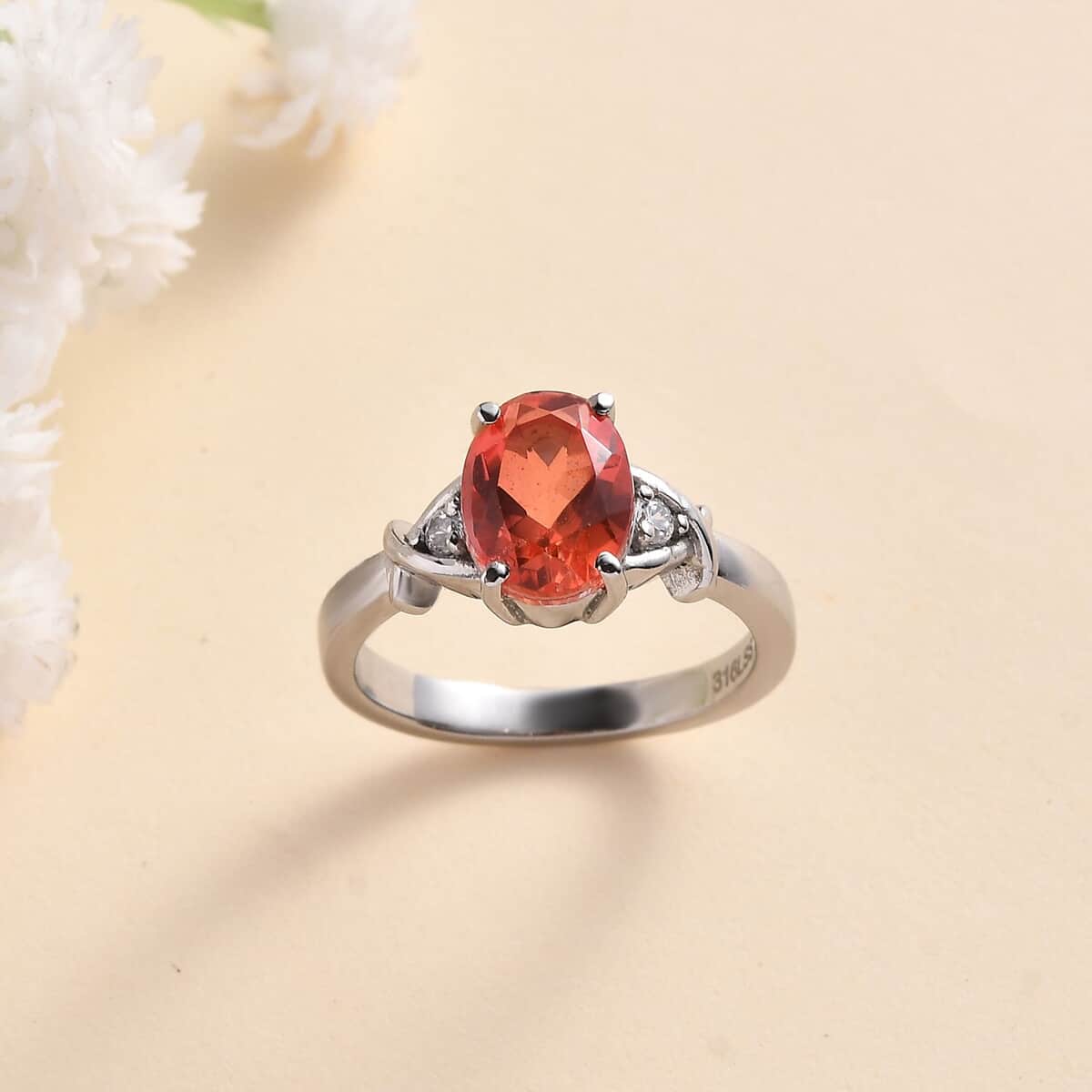 Padparadscha Quartz (Triplet) and White Zircon Ring in Stainless Steel 2.15 ctw image number 1