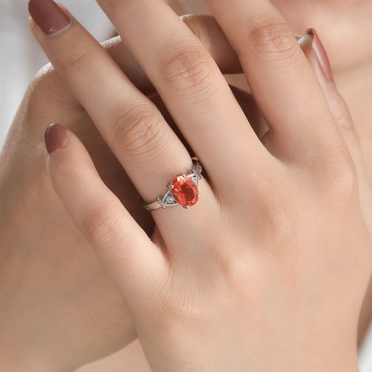 Padparadscha Quartz (Triplet) and White Zircon Ring in Stainless Steel 2.15 ctw image number 2