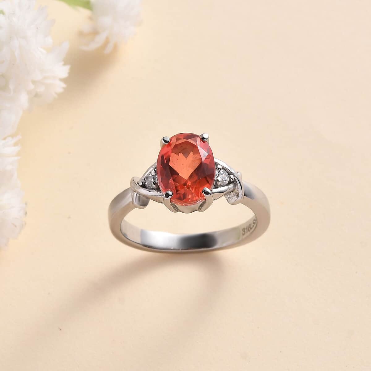 Padparadscha Quartz (Triplet) and White Zircon Ring in Stainless Steel (Size 11.0) 2.15 ctw image number 1