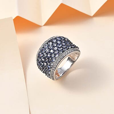 Tanzanite and White Zircon 4.40 ctw Cluster Ring in Rhodium Over Sterling Silver (Size 10.0)