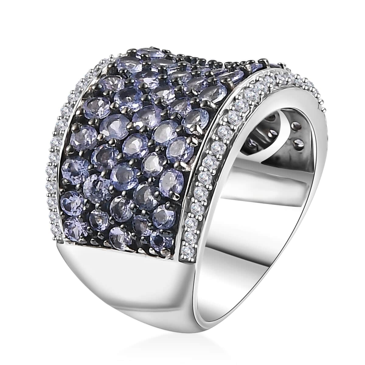 Tanzanite and White Zircon Cluster Ring in Rhodium Over Sterling Silver (Size 10.0) 4.40 ctw image number 3