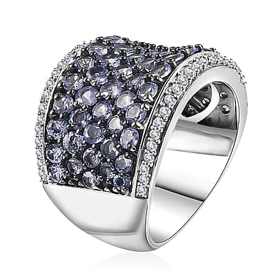 Tanzanite and White Zircon 4.40 ctw Cluster Ring in Rhodium Over Sterling Silver (Size 10.0)